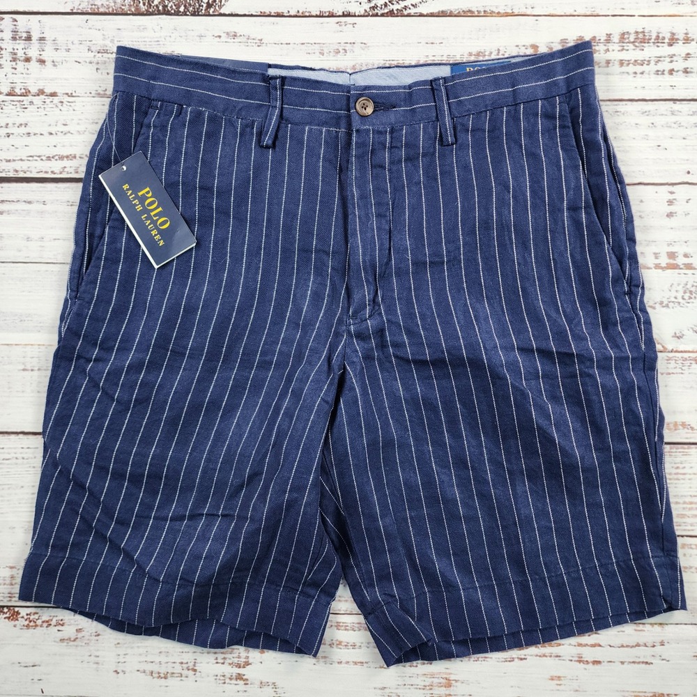 Polo Ralph Lauren Classic Fit 9" Shorts Men's 30 Navy Pinstripe Linen NWT